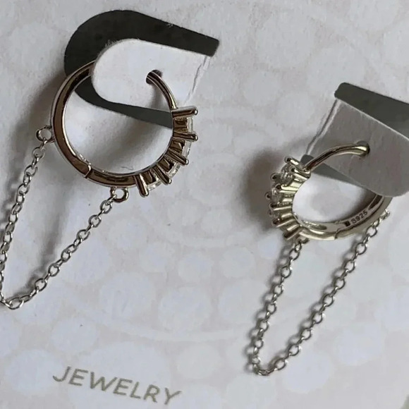 Crystal Huggie Hoop Chain Silver Earrings - Picture 3 of 4